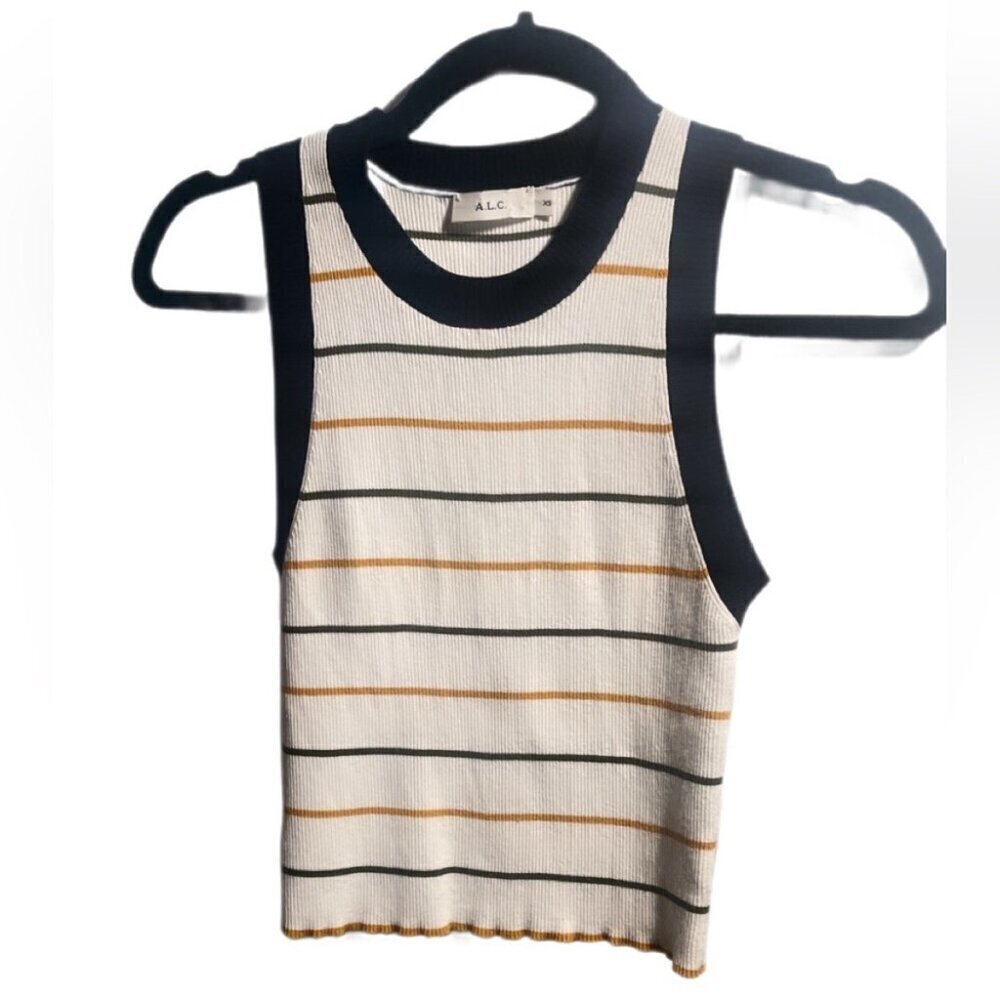 A.L.C. New NT White Striped Stretch Sleeveless Trendy Stylish Crop Knit Top XS - Picture 2 of 5